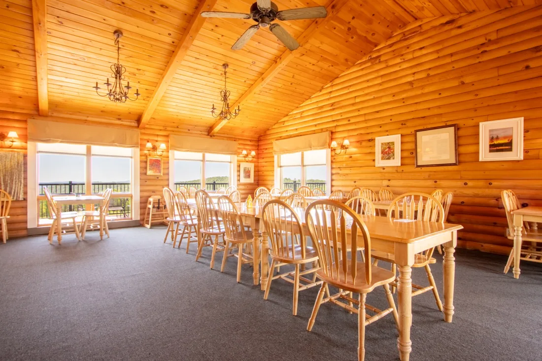 Warm log clubhouse indoor dining room